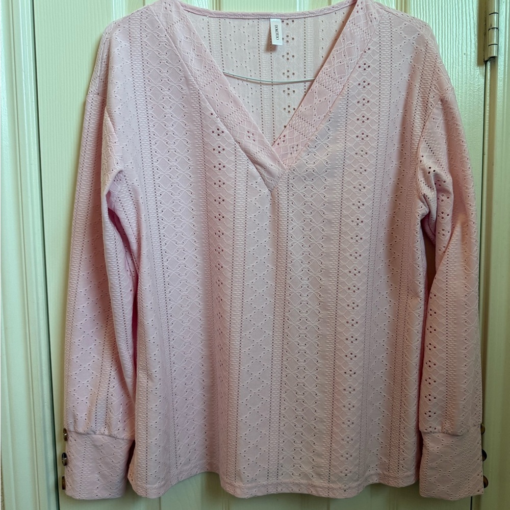 Elegant Pink Eyelet V-Neck Blouse